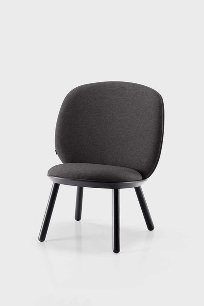 Aquamarine Poppy Naïve Low Chair in grey fabric, modern furniture piece with sleek design and comfortable seating.