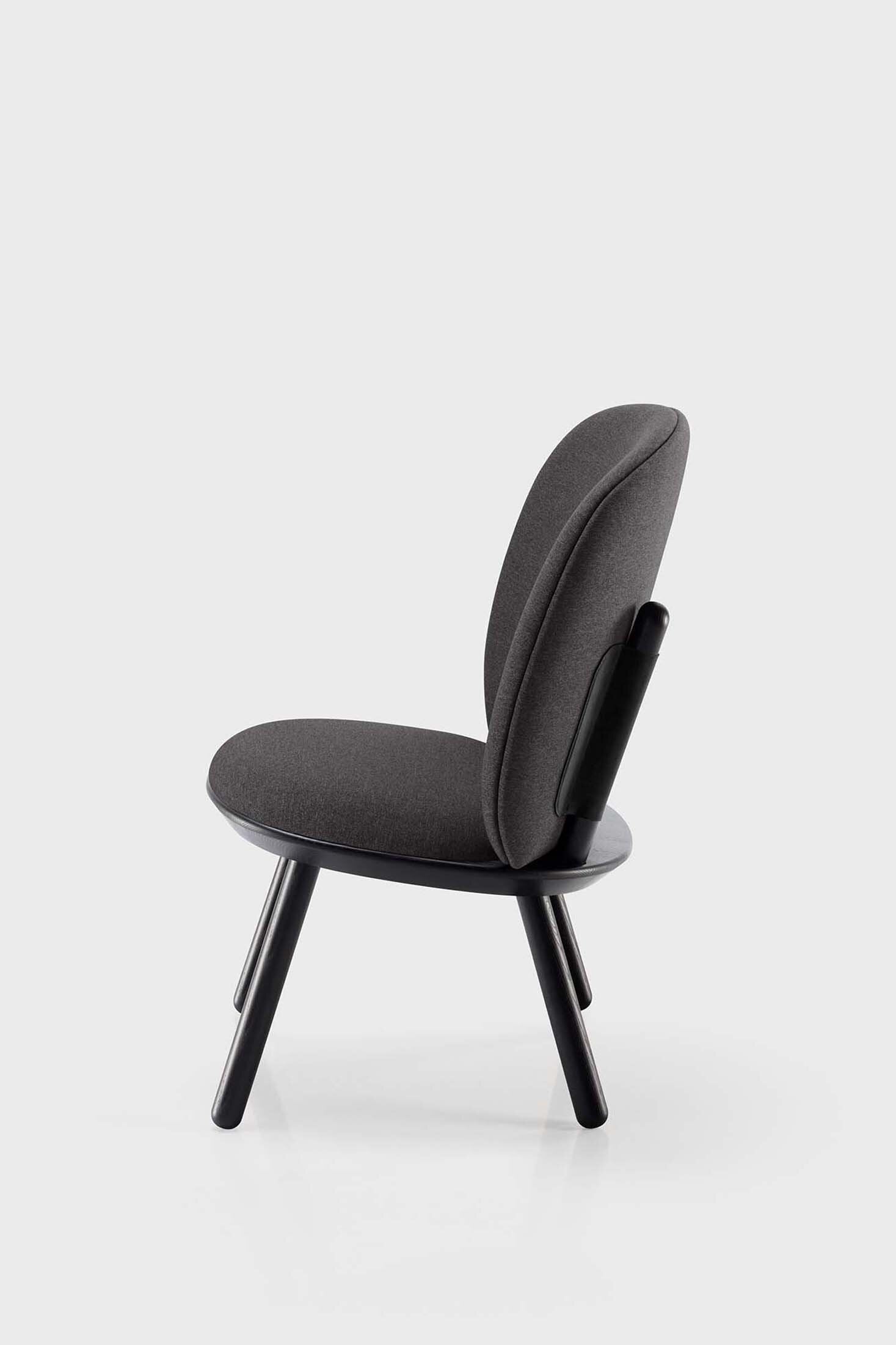 Aquamarine Poppy Naïve Low Chair in grey fabric, modern furniture with a sleek, minimalist design and wooden legs.