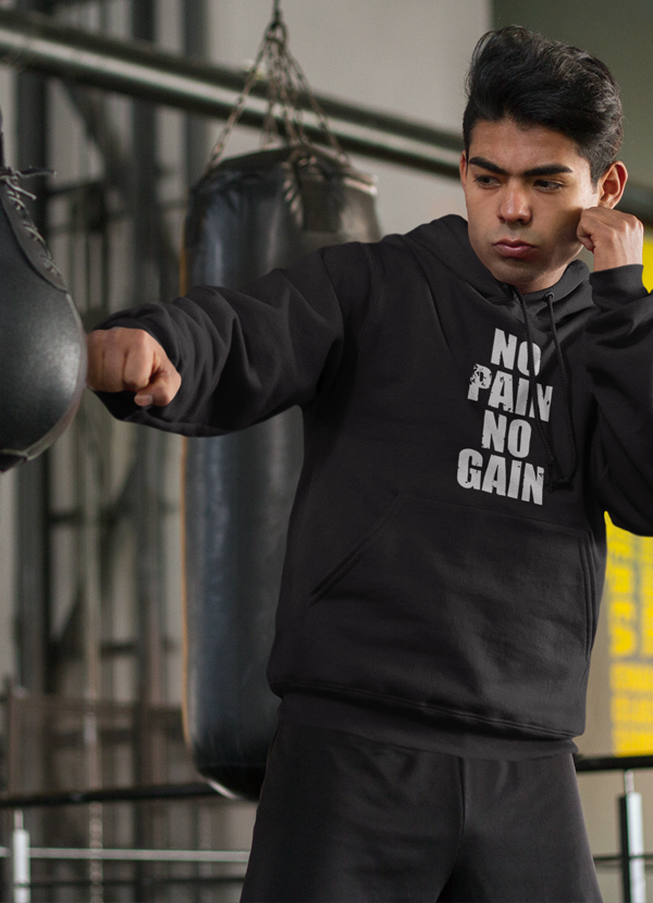 Black Scorpius No Pain No Gain hoodie with bold front text, casual fit, and drawstring hood, perfect for gym and everyday wear.