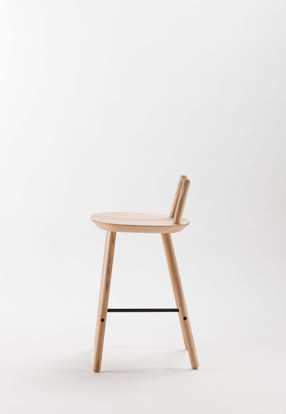 Naïve Semi Bar Stool by Aquamarine Poppy, showcasing its modern design with wooden legs and upholstered seat.