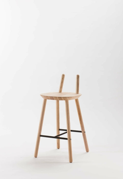 Aquamarine Poppy Naïve Semi Bar Stool with wooden legs and cushioned seat, shown from a side angle in a modern furniture setting.