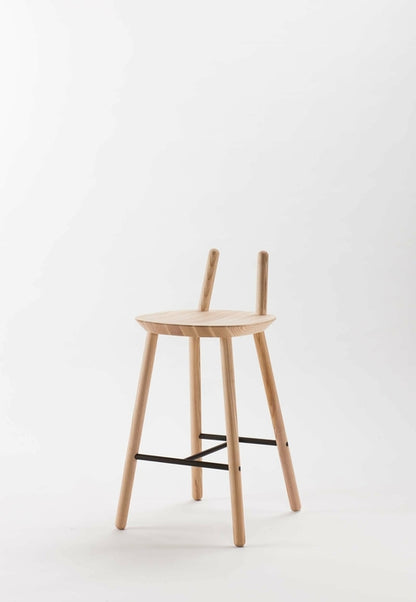 Aquamarine Poppy Naïve Semi Bar Stool with wooden legs and cushioned seat, shown from a side angle in a modern furniture setting.