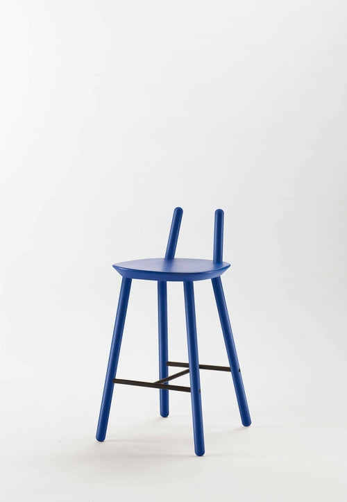 Naïve Semi Bar Stool by Aquamarine Poppy, featuring a modern design with a blue seat and sleek wooden legs.