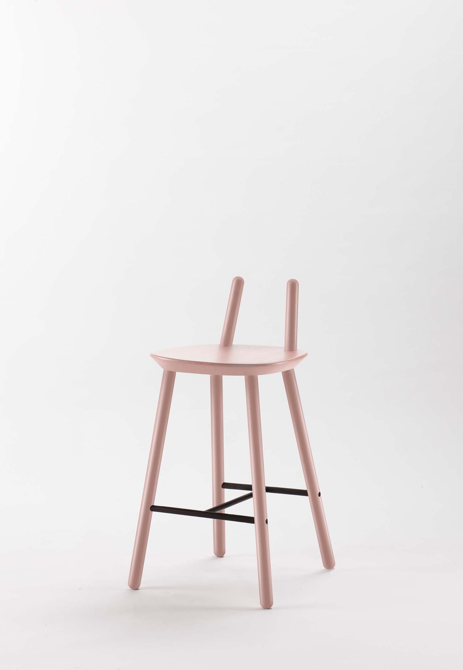 Naïve Semi Bar Stool in dusty pink by Aquamarine Poppy, featuring a modern furniture design with a sleek, curved seat and metal legs.