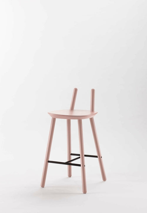 Naïve Semi Bar Stool by Aquamarine Poppy featuring a dusty pink upholstered seat and sleek metal legs.