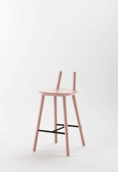 Naïve Semi Bar Stool by Aquamarine Poppy featuring a dusty pink upholstered seat and sleek metal legs.
