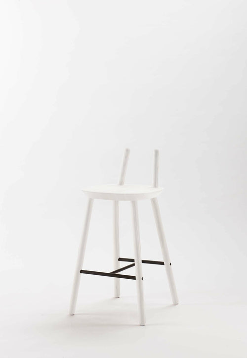 Naïve Semi Bar Stool by Aquamarine Poppy, white furniture with sleek modern design and rounded wooden legs.
