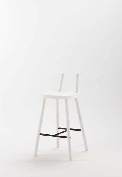 Naïve Semi Bar Stool by Aquamarine Poppy, white furniture with sleek modern design and rounded wooden legs.