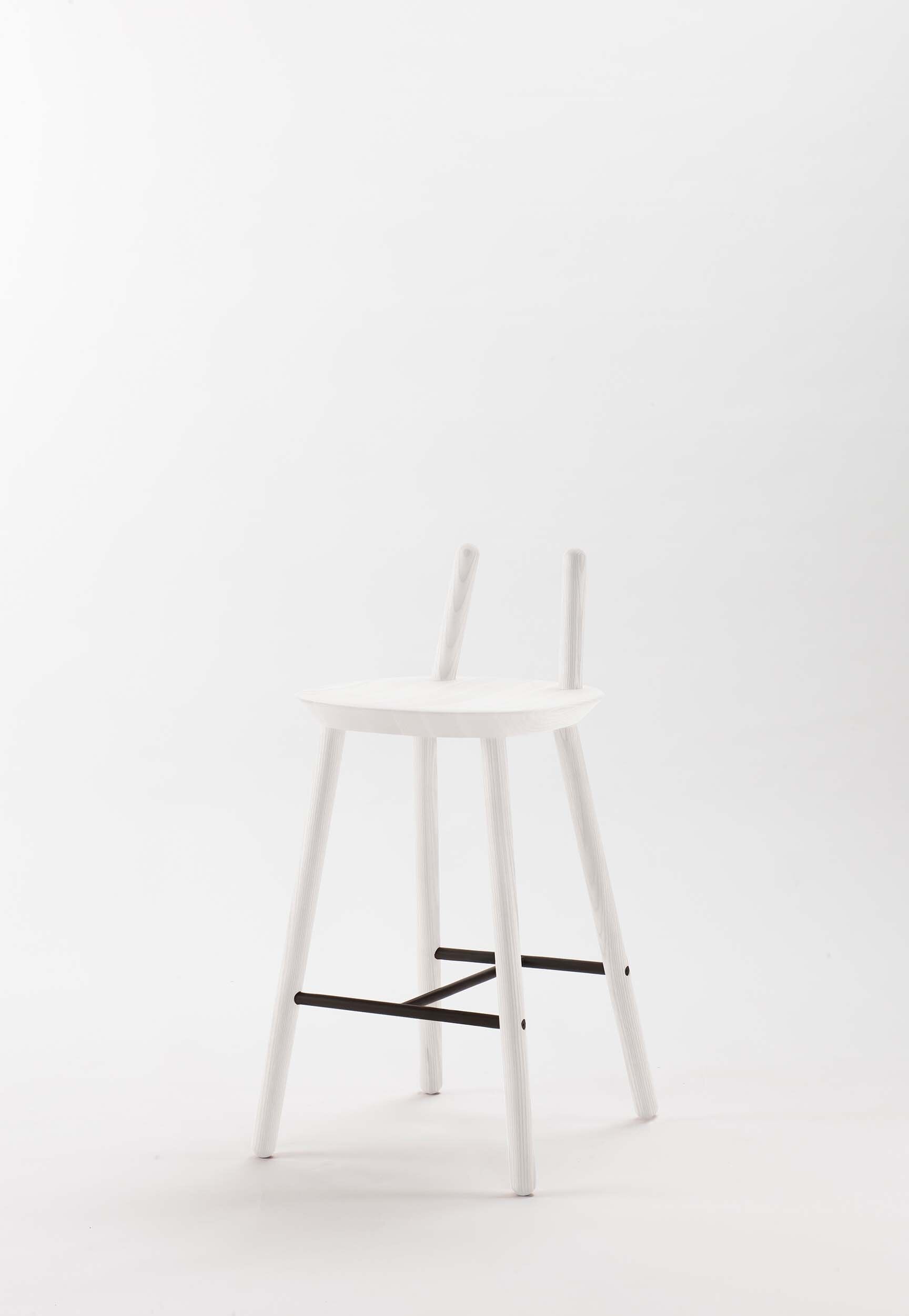 Aquamarine Poppy Naïve Semi Bar Stool with white seat and wooden legs, modern furniture for kitchen or bar area.