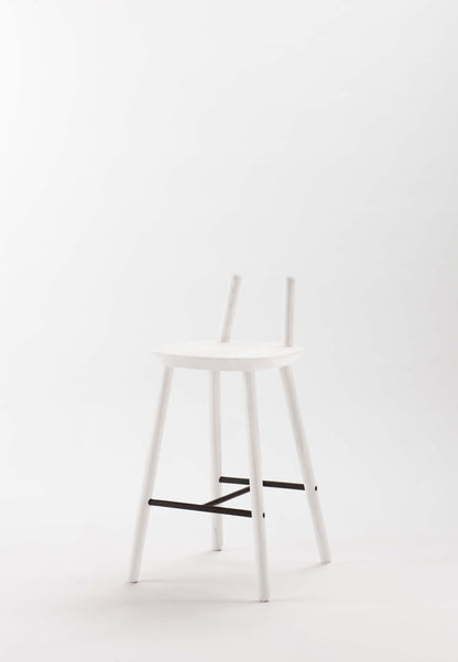 Aquamarine Poppy Naïve Semi Bar Stool with white seat and wooden legs, modern furniture for kitchen or bar area.