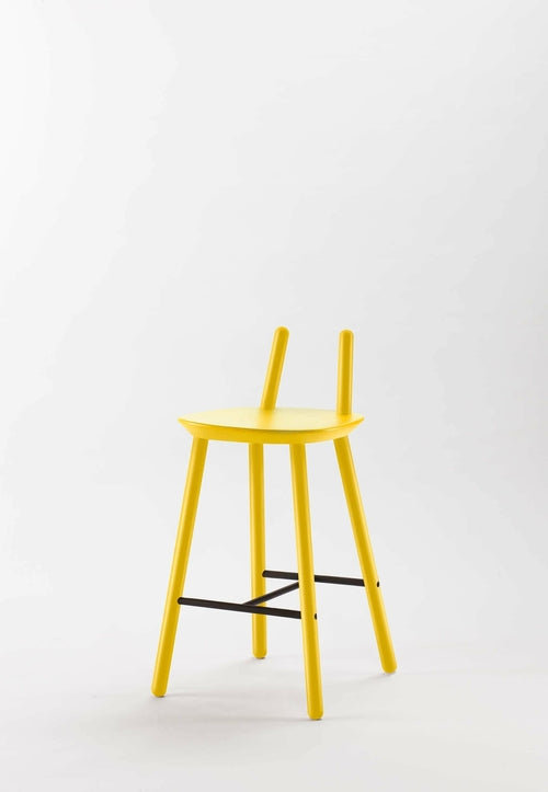 Yellow Naïve Semi Bar Stool by Aquamarine Poppy, featuring a modern furniture design with a padded seat and sleek metal legs.