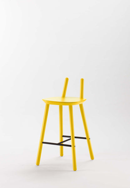 Yellow Naïve Semi Bar Stool by Aquamarine Poppy, featuring modern furniture design with a sleek, curved seat and metal legs.
