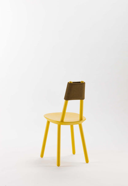 Aquamarine Poppy Naïve Dining Chair with yellow upholstery and wooden legs, showcasing modern furniture design.