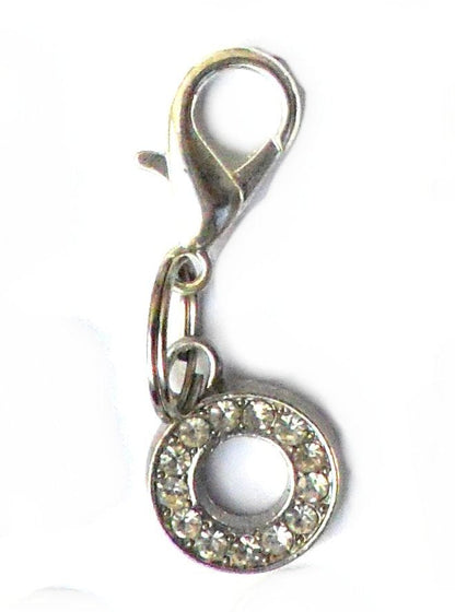 Salmon Oscar A-Z Crystal Letter pet charm attached to a leash, featuring sparkling crystal embellishments for pet collars and wear.