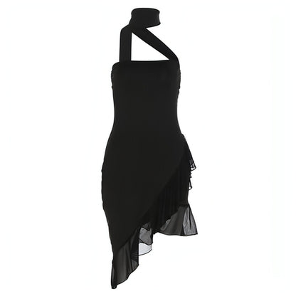 Carmine Juneberry slim fit halter off-shoulder dress with string detailing and selvedge fabric, stylish and form-fitting for women.
