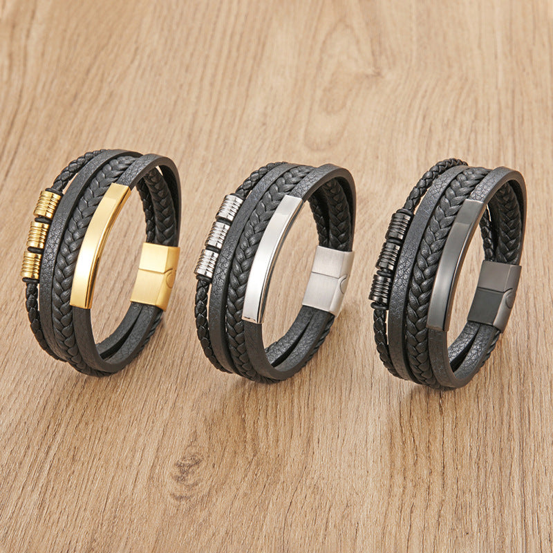 Rose Sand Brier cross-border explosive leather rope bracelet with stainless steel braided design, stylish and durable accessory.