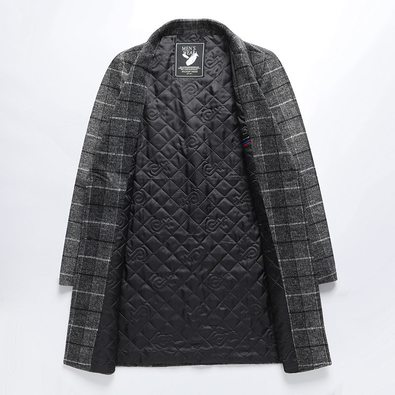 Men’s wool-blend plaid business overcoat by Carmine Juneberry, mid-length jacket with classic plaid pattern and tailored fit.