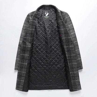 Men’s wool-blend plaid business overcoat by Carmine Juneberry, mid-length jacket with classic plaid pattern and tailored fit.