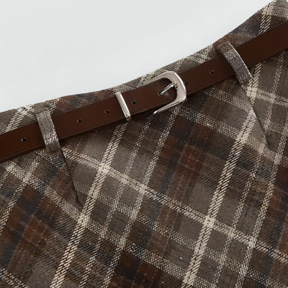 High waist mid-length woolen plaid skirt for women by Carmine Juneberry, featuring a classic checkered pattern and tailored fit.