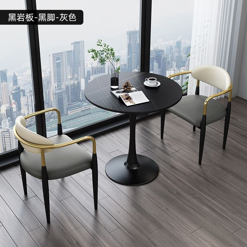 A light luxury sintered stone small round table for reception and negotiation tables and chairs, a trendy coffee table, balcony lounge table, and chair combination