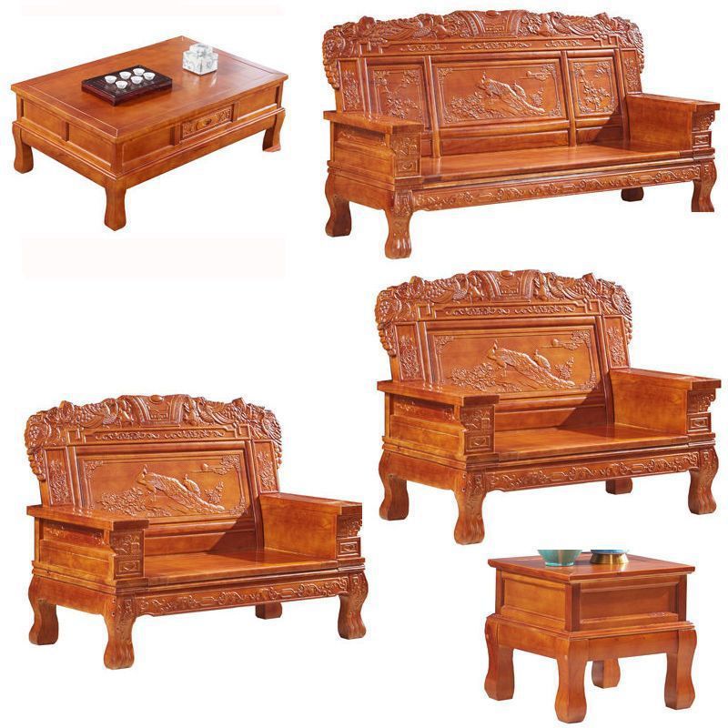 All-solid wood sofa combination, classical Chinese style antique carved economical rural red toon wood sofa for winter and summer use