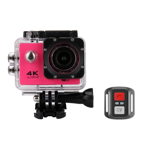 Salmon Lucky 4K waterproof digital UHD WiFi camera with RF remote and accessories, showing front view with lens and controls.