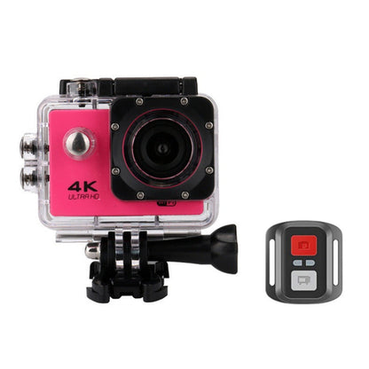 Salmon Lucky 4K waterproof digital UHD WiFi camera with RF remote and accessories, showing front view with lens and controls.
