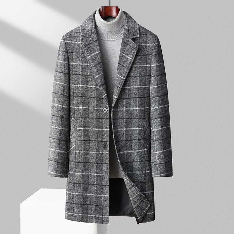 Men’s wool-blend plaid business overcoat by Carmine Juneberry, mid-length men&