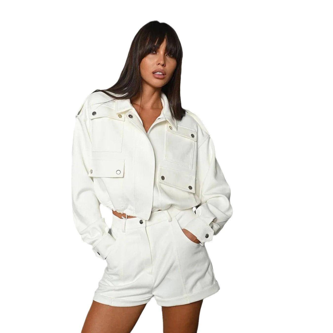 Carmine Juneberry women’s short coat and shorts matching set, stylish and casual for warm weather, shown in a natural pose.