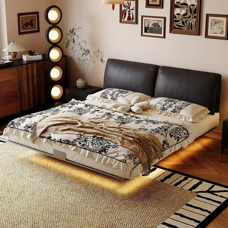 Elephant ear carbon steel genuine leather bed floating vintage style light luxury premium master bedroom 1.8-meter double bed