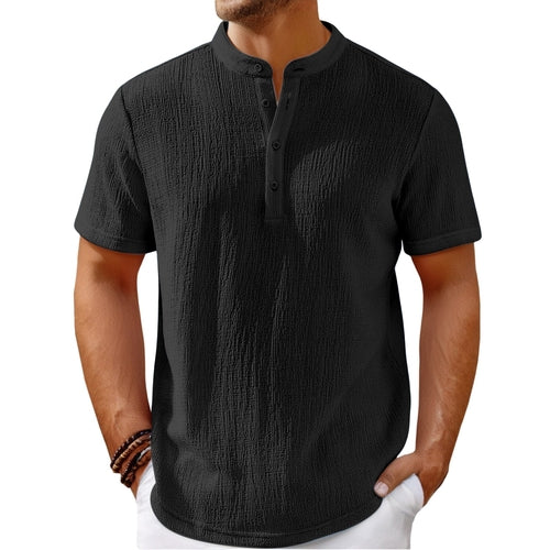 Striped cotton-linen Henley T-shirt by Carmine Juneberry, featuring a classic neckline and casual fit in natural fabric.