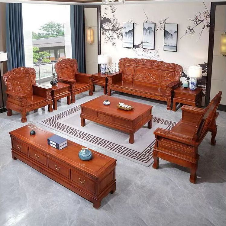 All-solid wood sofa combination, classical Chinese style antique carved economical rural red toon wood sofa for winter and summer use