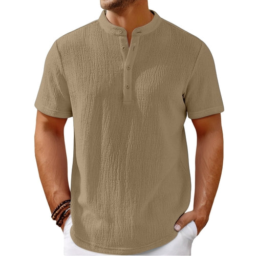 Striped cotton-linen Henley T-shirt by Carmine Juneberry, featuring a casual fit and contrasting vertical stripes.