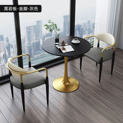 A light luxury sintered stone small round table for reception and negotiation tables and chairs, a trendy coffee table, balcony lounge table, and chair combination