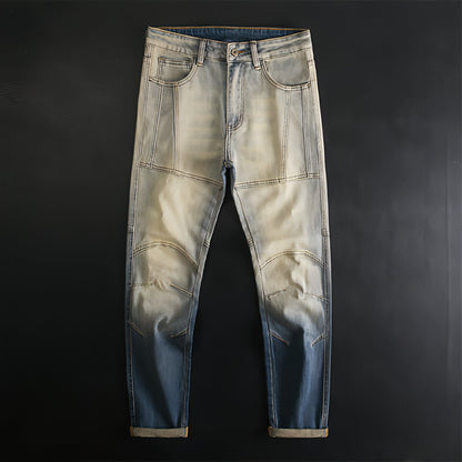 UrbanEase™ Retro Patchwork Motorcycle Jeans for men by Carmine Juneberry, featuring patchwork design and rugged denim style.