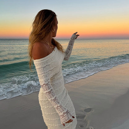 Elegant off-shoulder lace maxi dress by Carmine Juneberry, featuring a flowing socialite style for formal occasions.