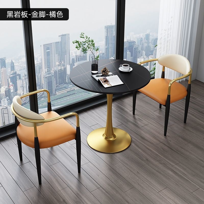 A light luxury sintered stone small round table for reception and negotiation tables and chairs, a trendy coffee table, balcony lounge table, and chair combination