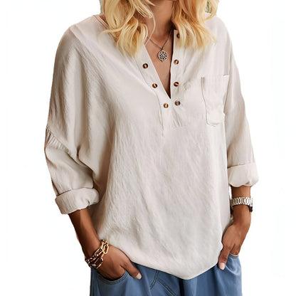 Light beige cotton linen long sleeve blouse for women by Carmine Juneberry, featuring a relaxed fit and classic collar.