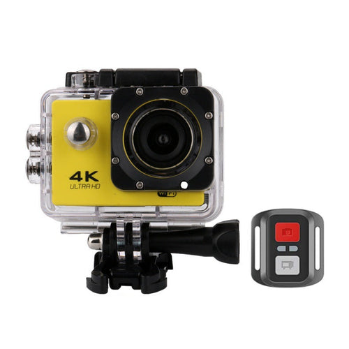 Salmon Lucky 4K waterproof all-digital UHD WiFi camera with RF remote and accessories, shown with lens and cables.