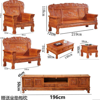 All-solid wood sofa combination, classical Chinese style antique carved economical rural red toon wood sofa for winter and summer use