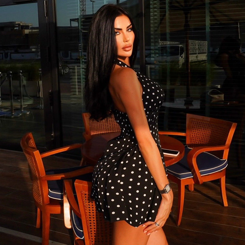 Polka dot slimming printed sexy A-line dress with deep V plunge neckline by Pear Daisy, perfect for stylish home or garden wear