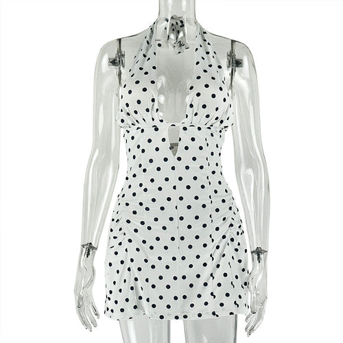 Polka dot slimming printed sexy A-line dress with deep V plunge neckline by Pear Daisy, perfect for stylish occasions.