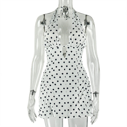 Polka dot slimming printed sexy A-line dress with deep V plunge neckline by Pear Daisy, perfect for stylish occasions.