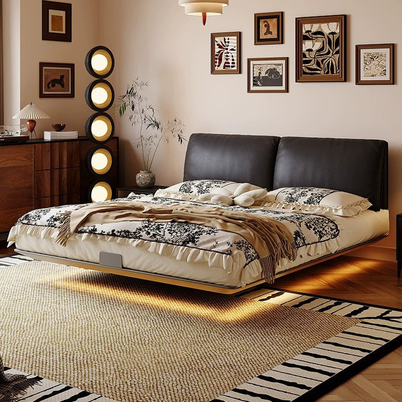 Elephant ear carbon steel genuine leather bed floating vintage style light luxury premium master bedroom 1.8-meter double bed