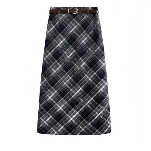 High waist mid-length woolen plaid skirt for women by Carmine Juneberry, featuring a stylish checked pattern and tailored fit.