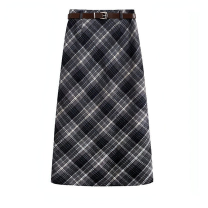 High waist mid-length woolen plaid skirt for women by Carmine Juneberry, featuring a stylish checked pattern and tailored fit.