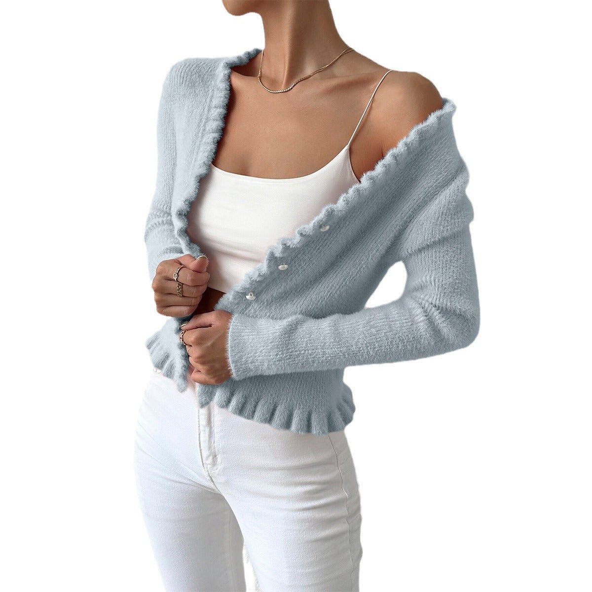 Carmine Juneberry Pearl Embrace Cardigan from the Haute Edition 25, featuring a soft knit sweater with pearl accents and a cozy fit.