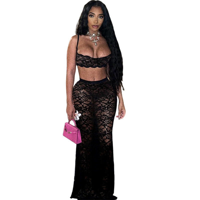 Taupe Oliver 2-piece cutout sling top and high streetwear skirt set, featuring trendy T-shirt style with modern design.