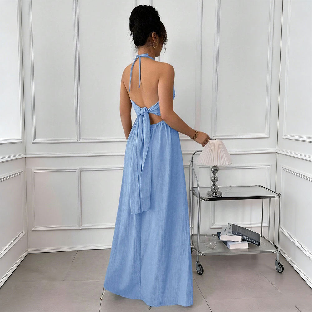 Blue halter backless summer dress with lace-up waist, slim fit, perfect for seaside or home wear by Pear Daisy.