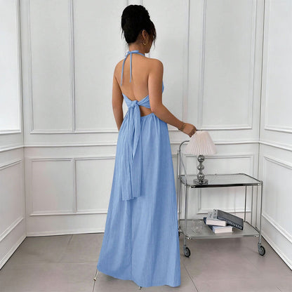Blue halter backless summer dress with lace-up waist, slim fit, perfect for seaside or home wear by Pear Daisy.